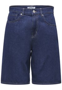 Shorts en denim bleu foncé avec un design classique à cinq poches. Dotés d'un bouton argenté et de coutures contrastantes jaunes le long des coutures.