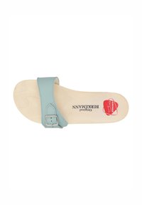 Light blue leather slide sandal with a single adjustable strap and silver metal buckle; natural wood footbed; printed logo on insole.