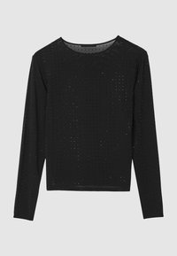 Schwarzes Langarmshirt mit einem strukturierten Muster aus kleinen Punkten, rundem Ausschnitt und geradem Schnitt. Hergestellt aus einem leichten, atmungsaktiven Stoff.