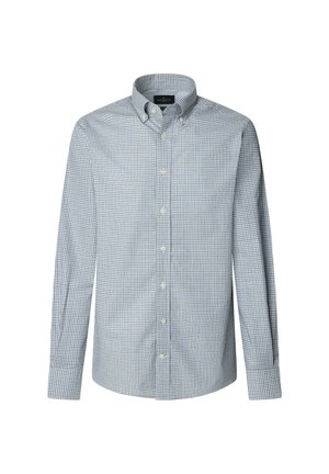 Button-up skjorta i ett blått och vitt rutmönster. Långa ärmar, krage och rundad nederkant. Bomullstyg med en slät struktur.