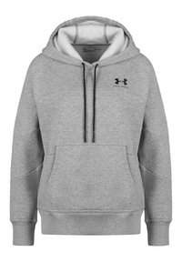 Grå huvtröja av mjukt material, med dragsko, framficka och ribbade ärmslut och nederkant. Under Armour-logotyp på bröstet.