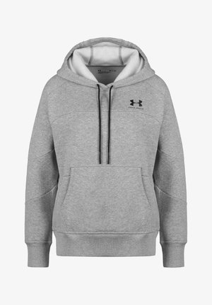 Hoodie gris en tissu doux, avec une capuche à cordon de serrage, une poche frontale et des poignets et un ourlet côtelés. Logo Under Armour sur la poitrine.