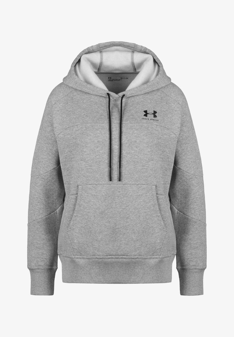 Szara bluza z kapturem, wykonana z miękkiego materiału, z kapturem na sznurek, przednią kieszenią oraz ściągaczami przy mankietach i u dołu. Logo Under Armour na klatce piersiowej.