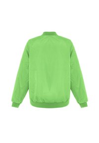 Groene bomberjack met een gladde, glanzende textuur. Voorzien van een ribbelkraag en manchetten, elastische tailleband, eenvoudig ontwerp zonder versieringen.