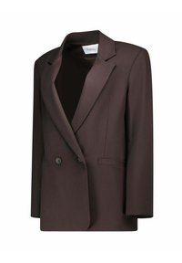 Blazer marrone doppiopetto con rever a punta, spalle strutturate e tasche frontali. Realizzato in tessuto morbido con una silhouette snella.