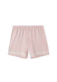 Lichtroze shorts van zachte stof, met een elastische tailleband en witte kantafwerking aan de onderrand. Eenvoudig, casual ontwerp met een gladde textuur.