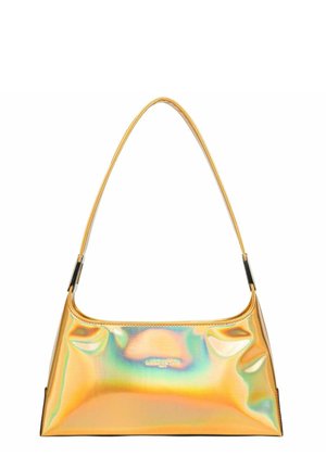 Sac à main holographique doré avec une forme courbée et élégante, doté d'une seule bandoulière. Surface texturée avec de subtiles crevasses et un logo en relief.