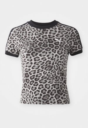 Short-sleeve leopard print t-shirt in shades of gray and black. Features a black collar and a small white logo on the chest.