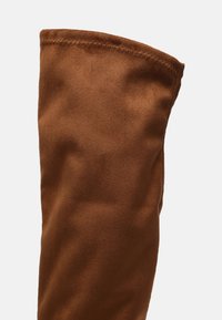 Botte cuissarde en daim marron avec une texture lisse, bord supérieur arrondi et coutures visibles. Présente une silhouette ajustée pour un look épuré.