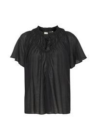 Blouse noire transparente avec manches courtes volantées, encolure froncée et fermeture à nouer à l'avant.