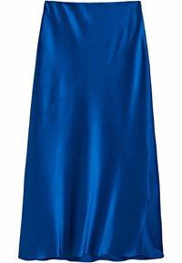 Sininen satiinipitkä hame, jossa on sileä pinta, A-linjainen muoto ja vinot saumadetaljit, jotka luovat tyylikkään ulkonäön.