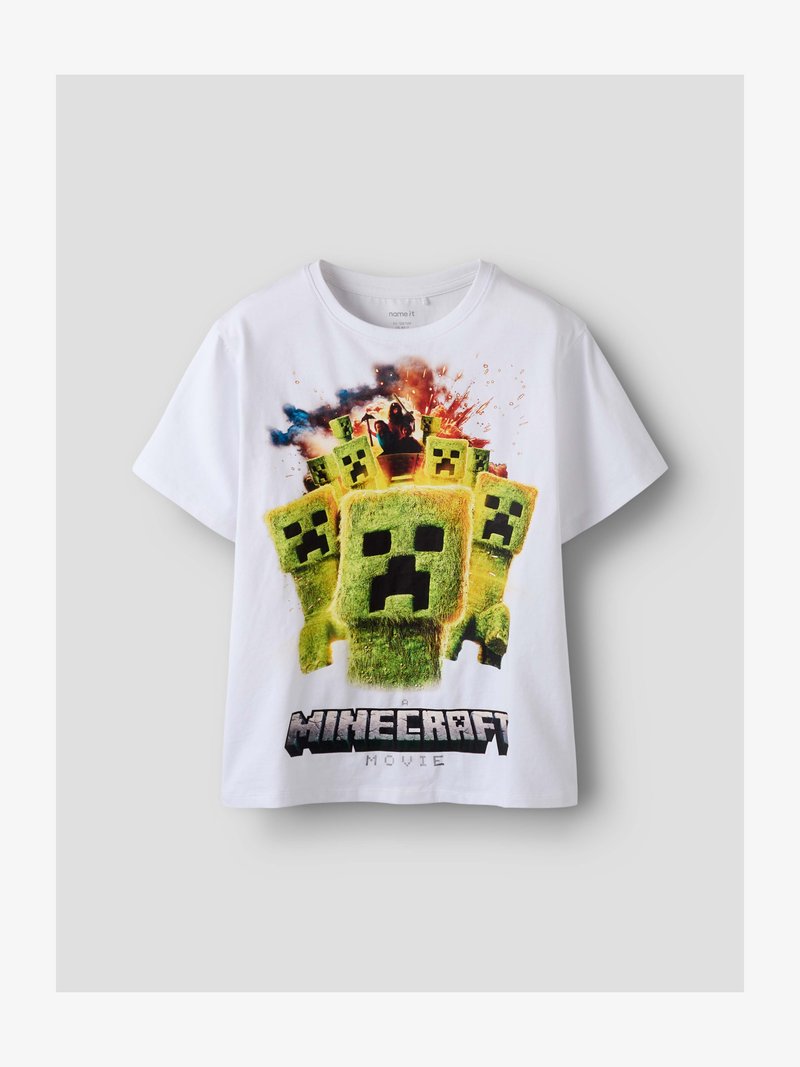 Fehér rövid ujjú póló több zöld Creeper arccal és robbanás grafikával a Minecraft moziból.