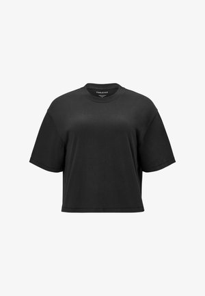Black cropped short-sleeve T-shirt with crew neck and Fabletics brand label inside collar.