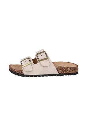 Sandalia abierta beige con dos hebillas ajustables de latón, plantilla de corcho y suela negra texturizada.