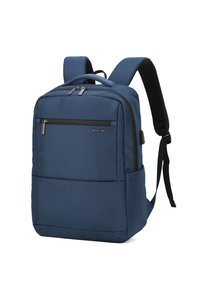 Zaino in nylon blu con spallacci imbottiti, doppi scomparti con cerniere e una tasca frontale con cerniera nera. Superficie texturizzata.