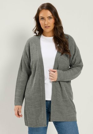 Vrouw met lang bruin haar, een grijze gebreide cardigan over een wit T-shirt en blauwe spijkerbroek, staand tegen een effen lichte achtergrond.