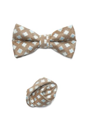 Brown bow tie with blue floral pattern and textured weave, accompanied by matching pocket square, both featuring similar designs.