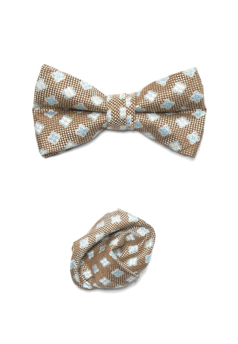 Brown bow tie with blue floral pattern and textured weave, accompanied by matching pocket square, both featuring similar designs.