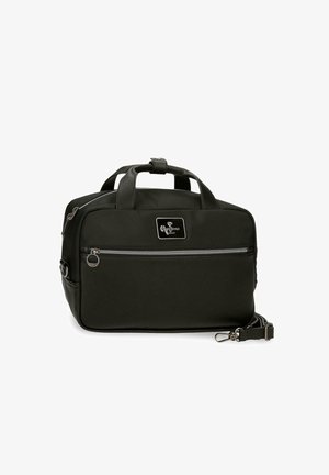 Borsa a tracolla rettangolare nera con doppi manici, tasca frontale con cerniera, tracolla rimovibile e patch con logo sul pannello frontale.