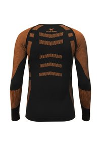 Black long-sleeve athletic shirt featuring orange patterned accents and textured designs on the sleeves and back, made from flexible material.