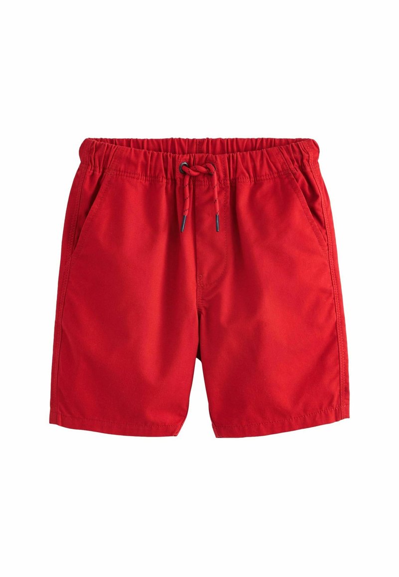 Shorts de bain rouges en tissu léger, dotés d'une taille élastique avec cordon de serrage, de poches latérales et d'une texture lisse.
