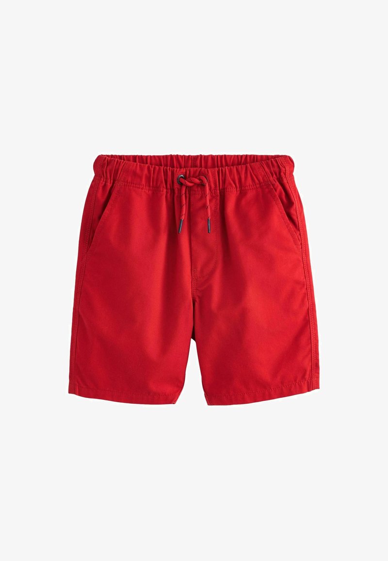 Costume da bagno rosso realizzato in tessuto leggero, con una cintura elastica dotata di cordoncino, tasche laterali e una texture liscia.