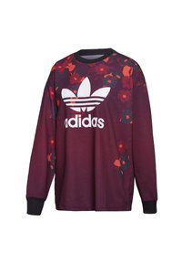 Felpa a maniche lunghe Adidas color bordeaux con logo bianco e motivi floreali rossi, arancioni e blu scuro sulle spalle e sulle maniche.