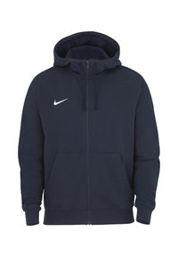 Navy blue zip-up hoodie with front pockets, drawstring hood, and white Nike swoosh logo on left chest.