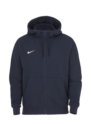 Navy blue zip-up hoodie with front pockets, drawstring hood, and white Nike swoosh logo on left chest.
