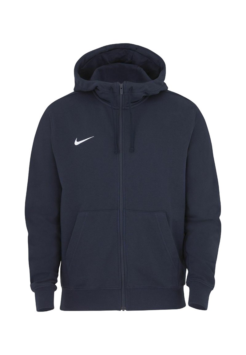 Navy blue zip-up hoodie with front pockets, drawstring hood, and white Nike swoosh logo on left chest.