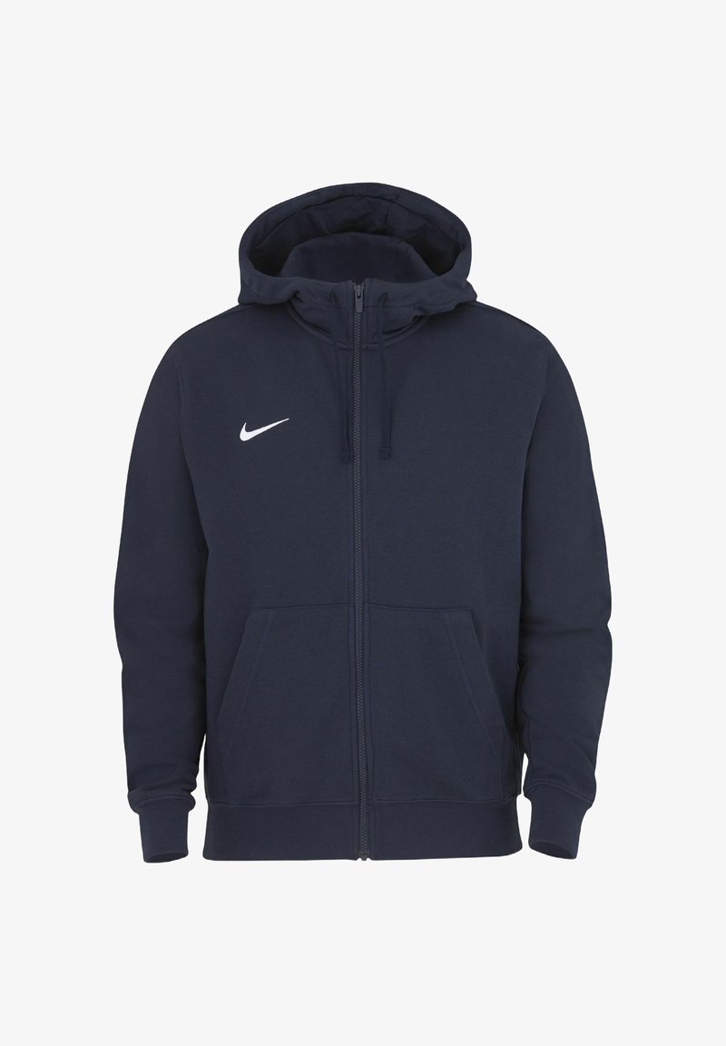 Sudadera con cremallera de color azul marino, con bolsillos delanteros, capucha con cordón y logotipo de Nike en blanco en el lado izquierdo del pecho.