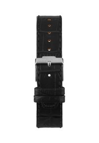 Schwarzes Lederarmband mit Krokodilprägung, silberner Schnalle und mehreren Löchern zur Anpassung. Genähte Details entlang der Kanten.