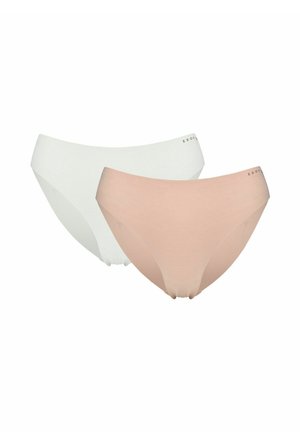 Dve bezšvové dámske bikiny nohavičky, jedna biela a jedna telová, s jemným textom značky na páse.