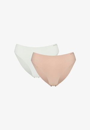 Dwa damskie bezszwowe bikini, jedna biała i jedna cielista, z subtelnym napisem marki na gumce.