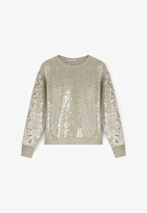 Maglione beige chiaro con maniche lunghe, scollo rotondo e fronte decorata con paillettes, mentre il retro è a maglia liscia. Finitura testurizzata e scintillante.