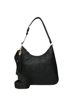 Sac à bandoulière en cuir noir avec une texture douce, doté d'une fermeture éclair, d'une sangle réglable et d'un motif embossé sur le devant. Décoré d'une frange.