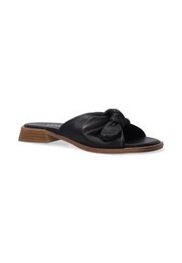 Zwarte leren slip-on sandalen met een geknoopte design, open teen en een lage houten hak. Gladde textuur en minimalistische stijl.