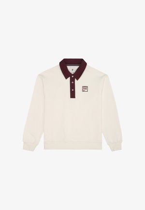 Creme langærmet polo t-shirt med en burgunder farvet krave, tre knapper og et lille broderet logo på venstre bryst. Glat stofstruktur.