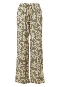 Harem broek in olijfgroen met grote off-white bloemmotieven. Voorzien van een elastische tailleband met een trekkoord voor een aanpasbare pasvorm.