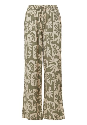 Harem broek in olijfgroen met grote off-white bloemmotieven. Voorzien van een elastische tailleband met een trekkoord voor een aanpasbare pasvorm.