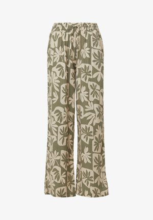 Harem-Hosen in Olivgrün mit großen, cremefarbenen Blumenmustern. Sie verfügen über einen elastischen Bund mit einem Kordelzug für eine verstellbare Passform.