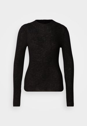 Μαύρο ριμπ πλεκτό πουλόβερ με μακριά μανίκια, στρογγυλή λαιμόκοψη, εφαρμοστή μέση και υφασματική υφή με ανάγλυφο σχέδιο.
