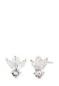 Boucles d'oreilles à clou en argent en forme d'ange, avec des ailes détaillées et une pierre précieuse ronde et claire au centre du corps de chaque ange.