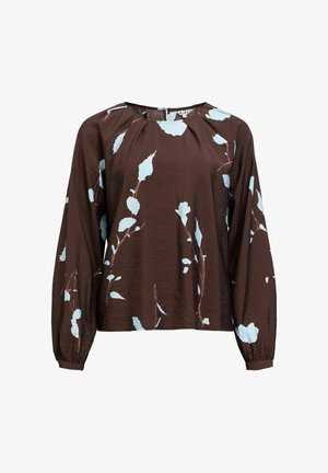 Brown blouse with long sleeves, featuring a floral pattern in light blue. Textured fabric, round neckline, and subtle pleating at the front.