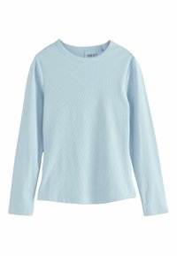 Light blue long-sleeve t-shirt made of ribbed fabric. Features a round neckline and a relaxed fit with minimal design elements.