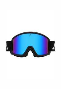 Lasek ski dengan bingkai fleksibel hitam, lensa cermin biru, dan pelapisan lembut. Dilengkapi logo pada tali hitam yang dapat disesuaikan.