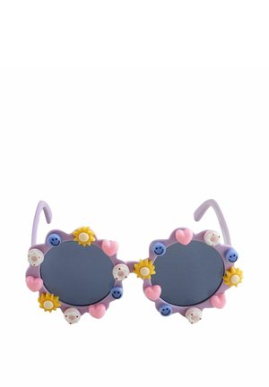 Lunettes de soleil rondes violettes avec des verres foncés décorés de petits tournesols jaunes, de cœurs roses, de visages souriants bleus et de cupcakes blancs.
