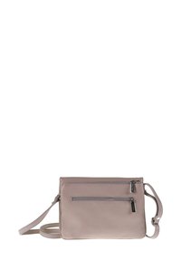 Borsa a tracolla in pelle grigia chiara con due tasche con cerniera, tracolla regolabile e superficie testurizzata. Forma rettangolare compatta.