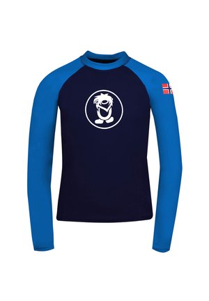 Long-sleeve rash guard in navy blue with contrasting light blue sleeves, featuring a white circular logo and a small Norway flag on the arm.
