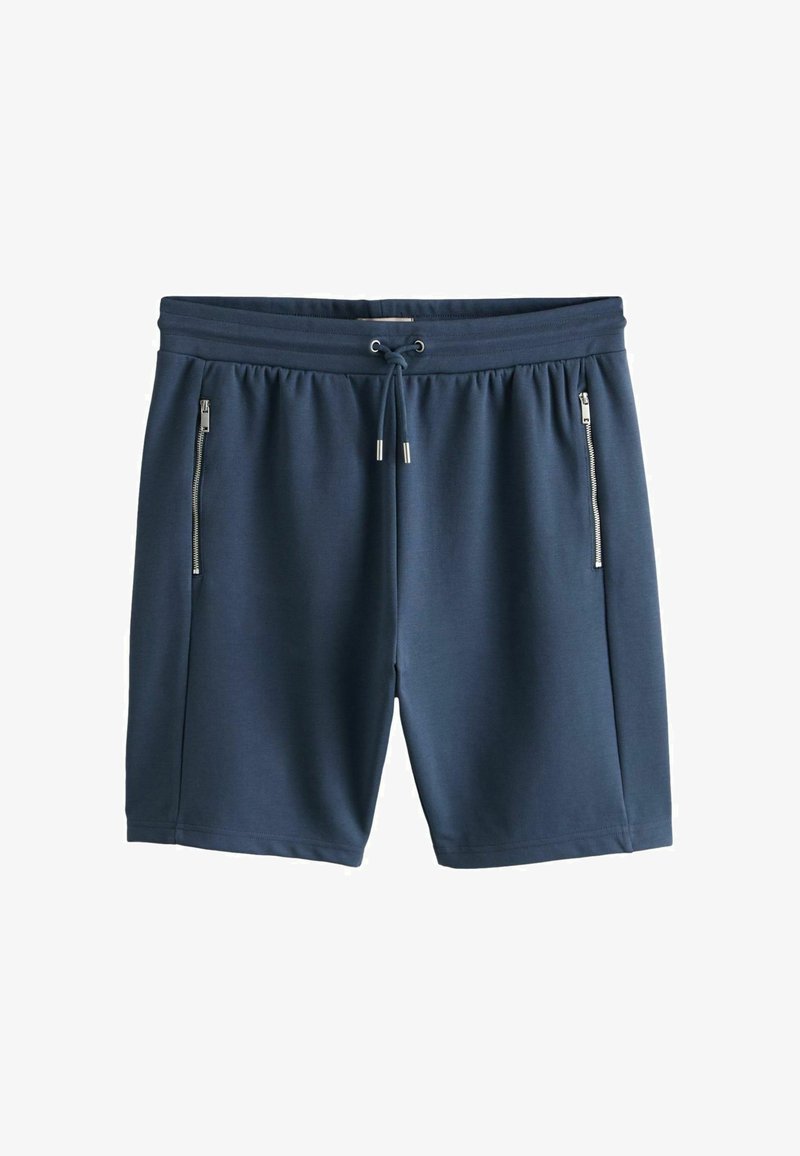 Shorts décontractés bleu marine avec taille élastique, cordon de serrage et poches zippées verticales de chaque côté.